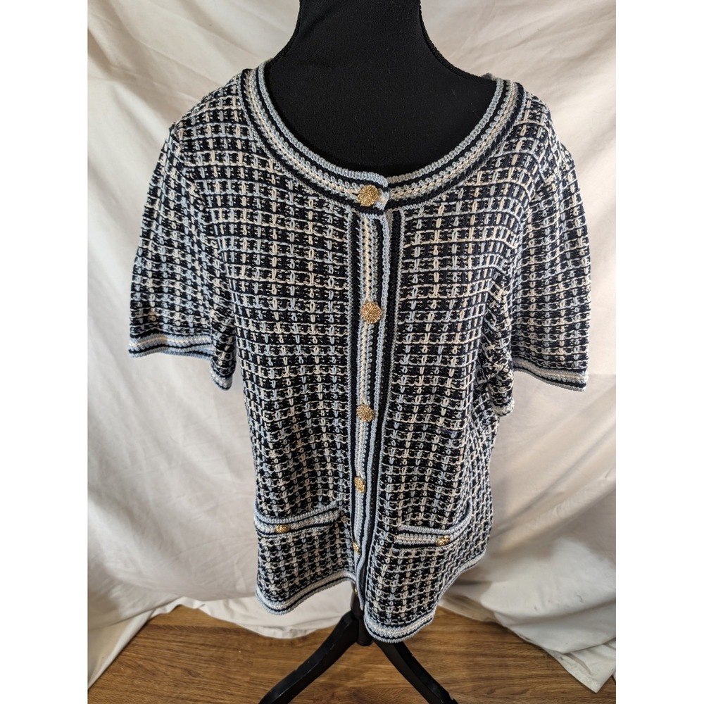 Talbots Blue White Textured Gold Button Short Sleeve Sweater Cardigan X